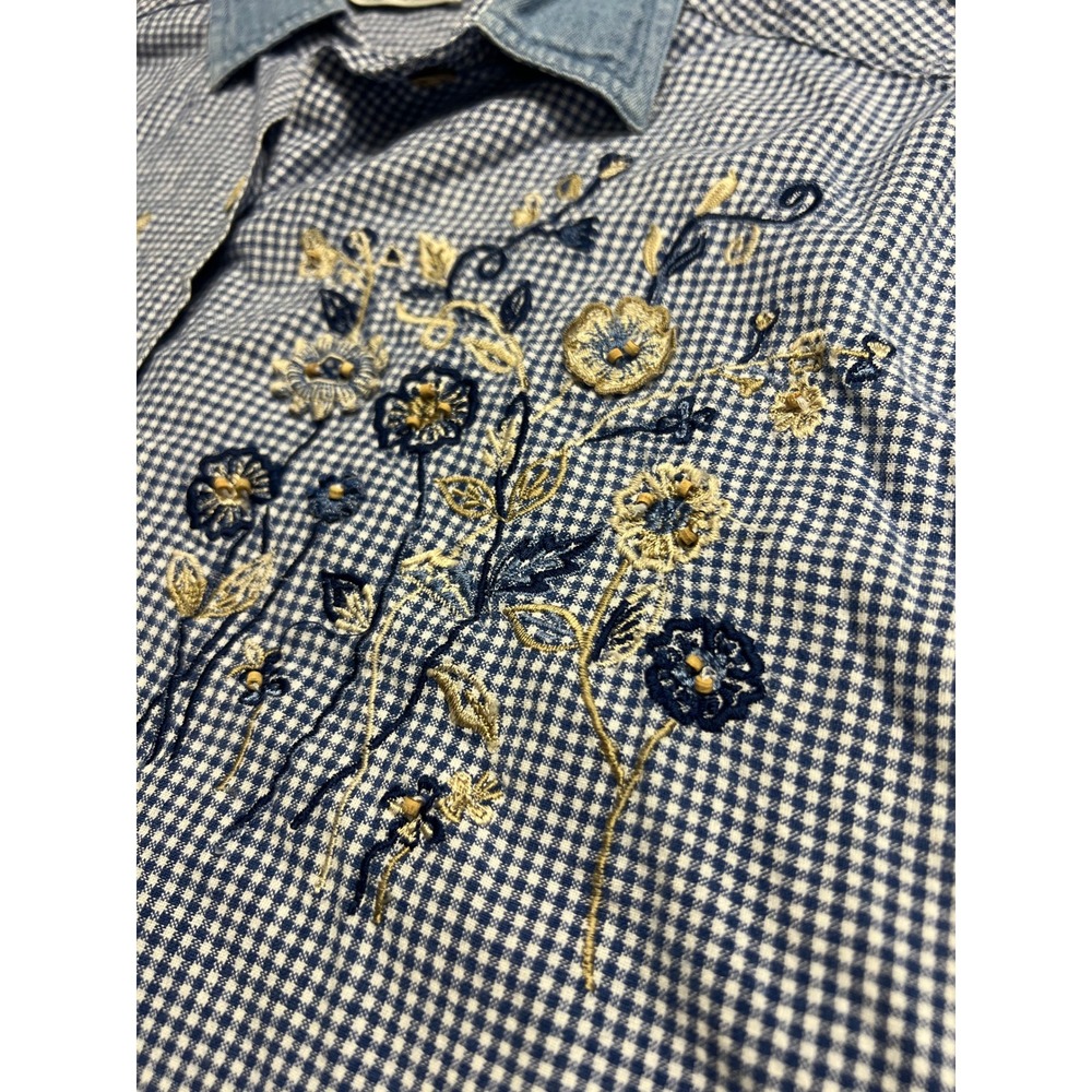 Vintage Womens Blue Gingham Floral Embroidered Beaded Button Down Shirt L - Picture 7 of 11